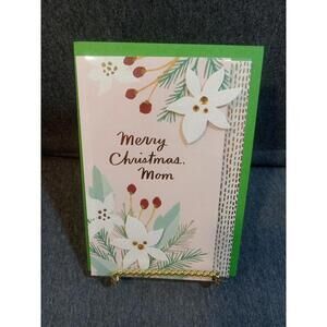 Hallmark Card White Red Green To MOM "Merry Christmas Mom" Poinsettias Gems